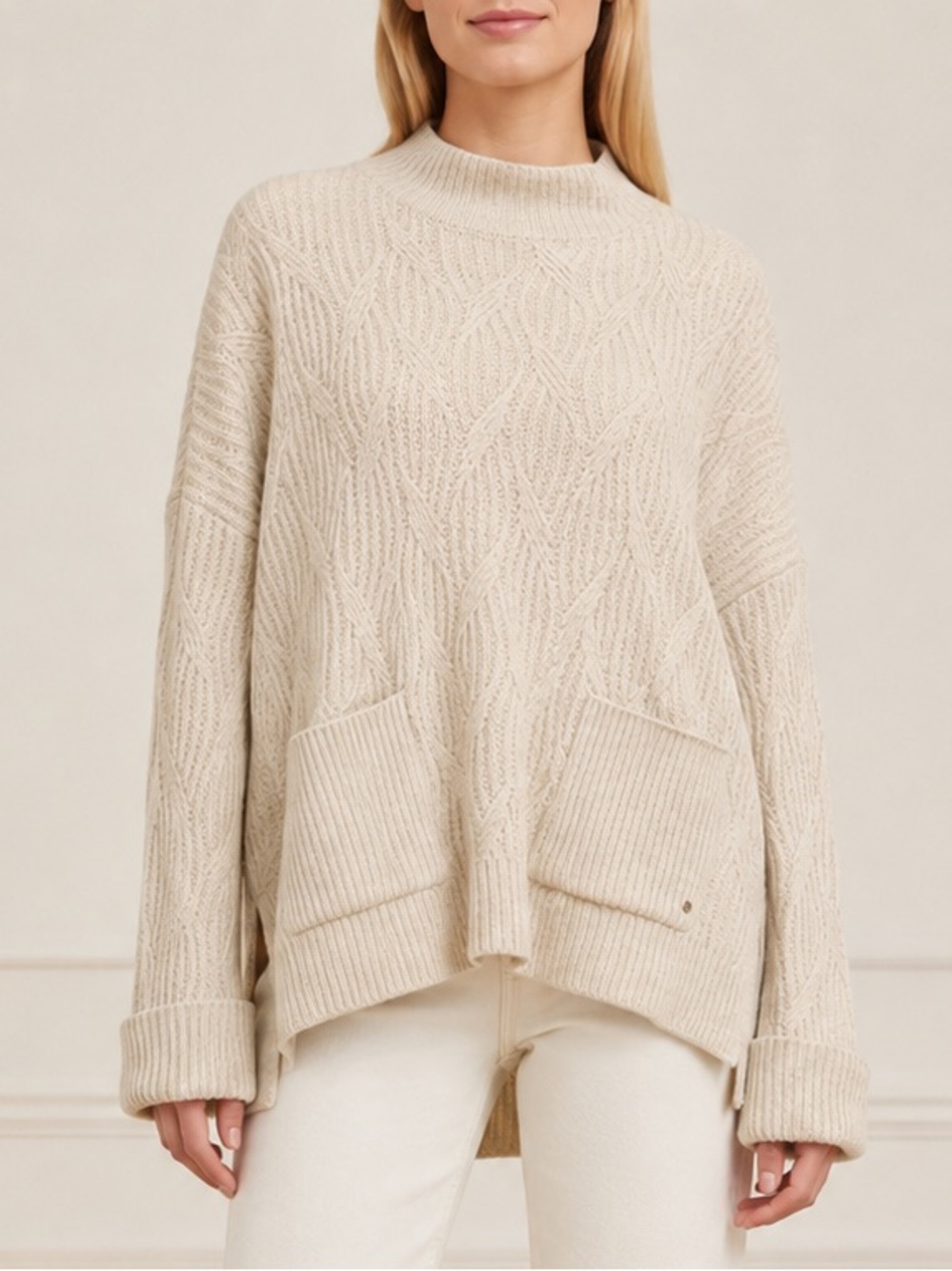 FatFace Heidi Jumper Sweater Size 12 Oatmeal Tan Cable Knit Oversized Slouchy